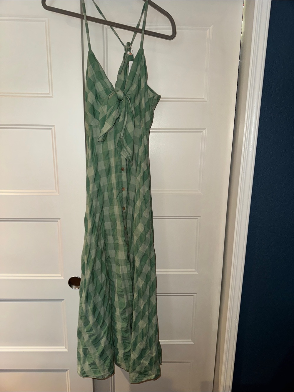 Free People Green Plaid Tie-Front Maxi Dress with Adjustable Spaghetti Straps